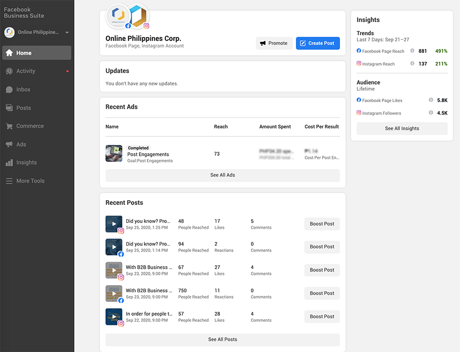 Facebook Business Suite Dashboard